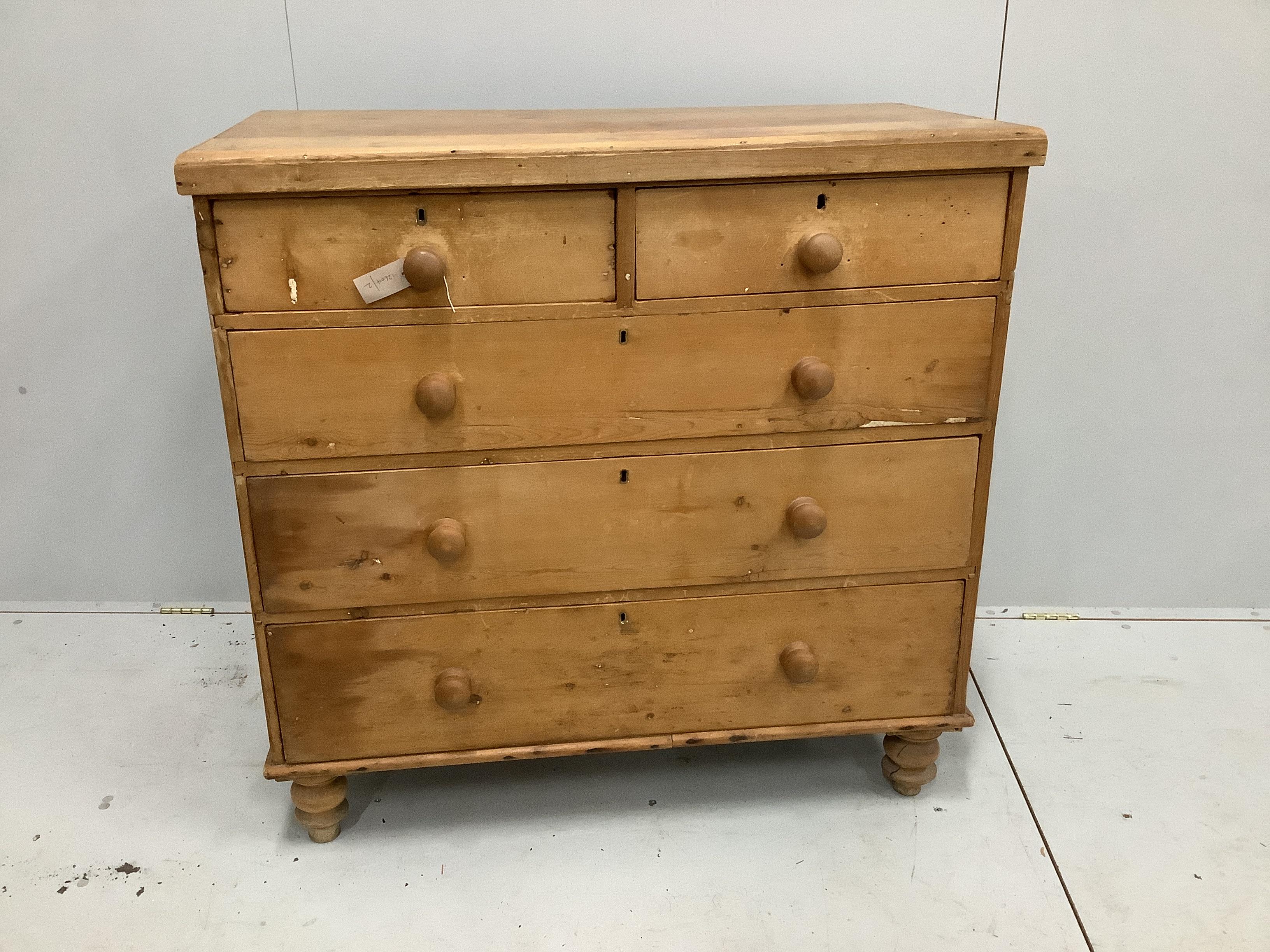 A Victorian pine five drawer chest, width 104cm, depth 51cm, height 102cm